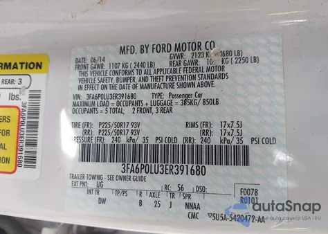 2014 Ford Fusion Hybrid Se из США, поврежденный, VIN 3FA6P0LU3ER391680